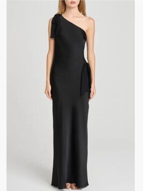 Wayf X Sara Walker Audrey One-Shoulder Black Satin Gown with Shoulder Bow